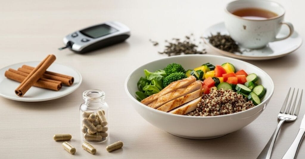 Natural supplements for blood sugar support including cinnamon, berberine, and green tea with glucose meter and healthy meal background