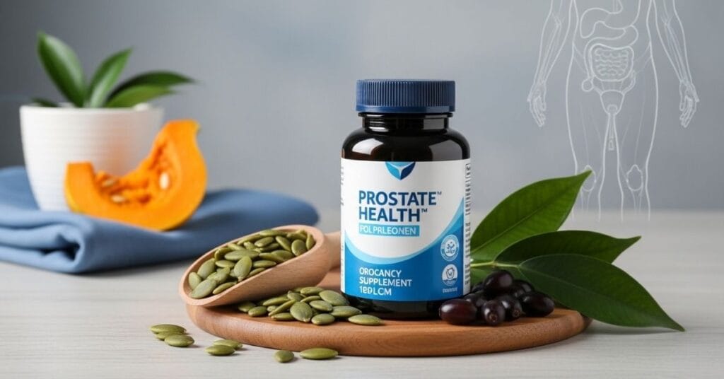 Prostate health supplements displayed with natural ingredients like saw palmetto and pumpkin seeds, representing urinary support and men’s health after 40.