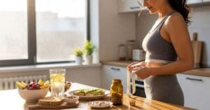 Woman over 40 measuring waist with tape while healthy foods and natural weight loss supplement capsules sit on table