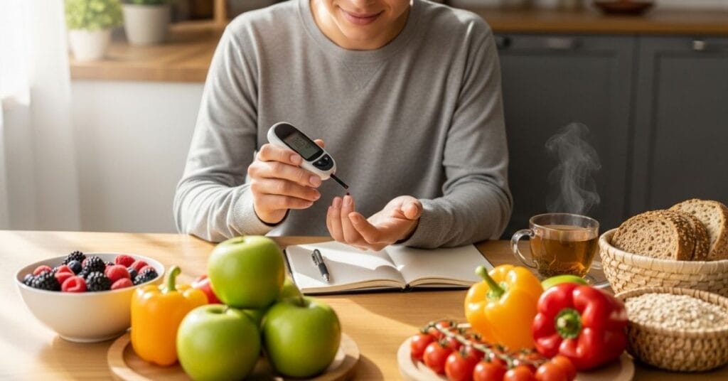 Person checking blood sugar at home with glucometer surrounded by healthy foods and lifestyle elements for stable glucose levels