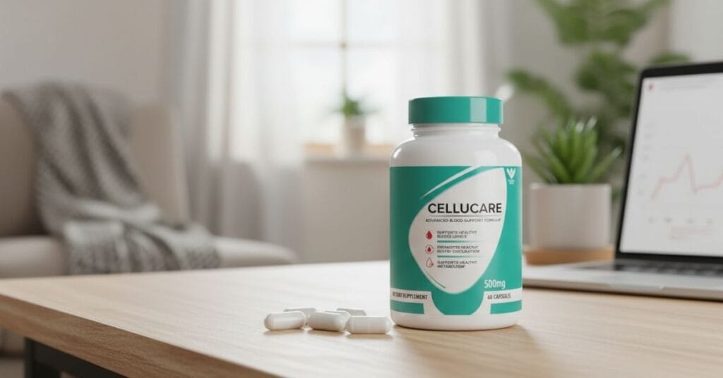 CelluCare blood sugar support supplement bottle displayed on white background with capsules visible, marketed for glucose balance and weight management support