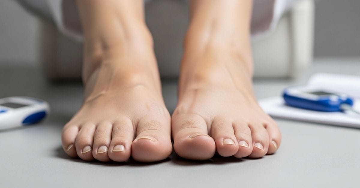 Early signs of toenail fungal infection in a person with diabetes, showing mild nail discoloration and thickening associated with blood sugar and circulation issues.
