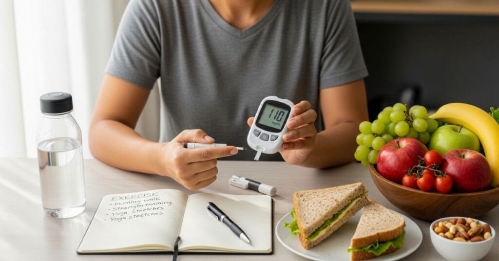 Person checking blood sugar at home with glucometer, surrounded by healthy foods and fitness notes for improving insulin sensitivity