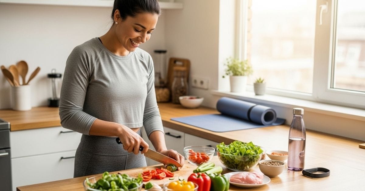 Person preparing healthy meal with yoga mat and fitness tracker, representing lifestyle strategies for metabolic balance and stable blood sugar