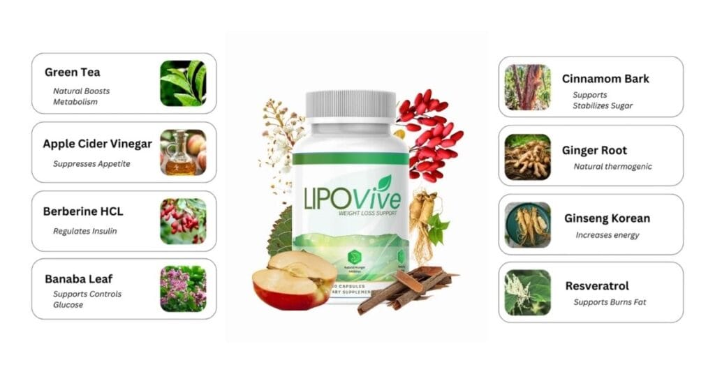 Lipovive dietary supplement bottle shown with key natural ingredients used to support metabolic flexibility and fat metabolism.