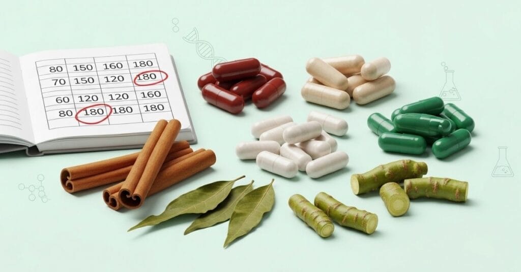 Natural supplements such as cinnamon, Gymnema, capsules, and a blood sugar chart representing evidence-based support for healthy blood sugar and A1C management