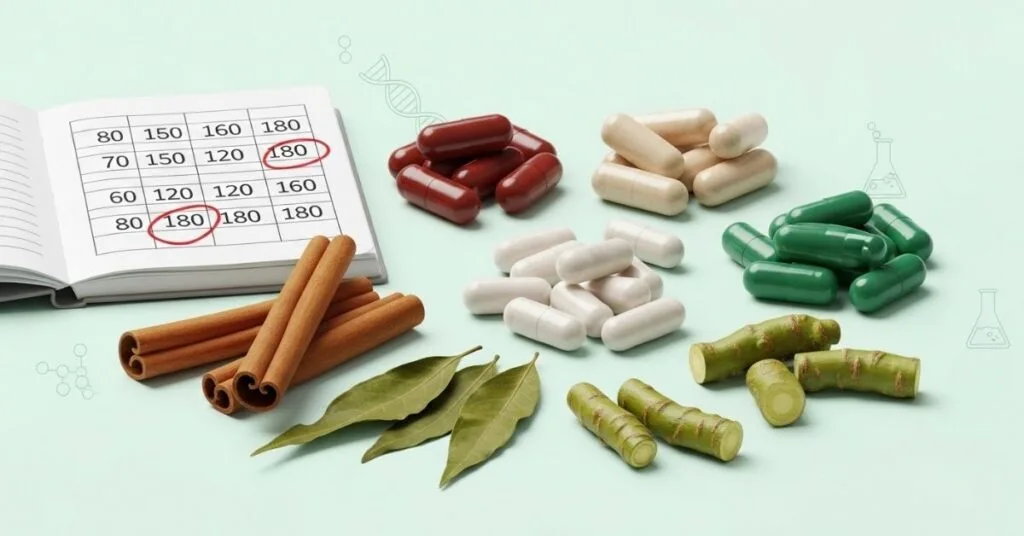 Natural supplements such as cinnamon, Gymnema, capsules, and a blood sugar chart representing evidence-based support for healthy blood sugar and A1C management