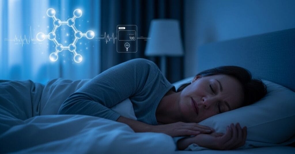 Person sleeping at night with digital glucose level overlay illustrating nighttime blood sugar regulation