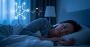 Person sleeping at night with digital glucose level overlay illustrating nighttime blood sugar regulation