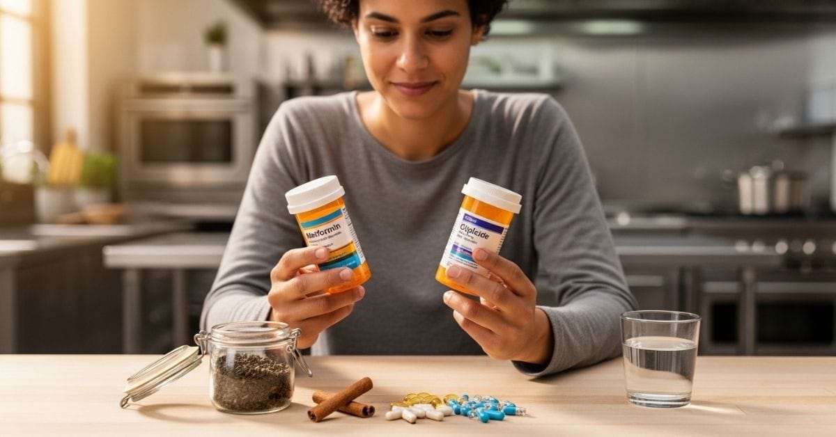 Comparing prescription glucose medications and natural supplements including cinnamon, berberine, and green tea for blood sugar support at home