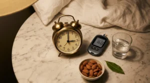 Alarm clock showing 3 AM beside glucose meter water glass and almonds on white marble — why blood sugar spikes at night dawn phenomenon causes and solutions 2026