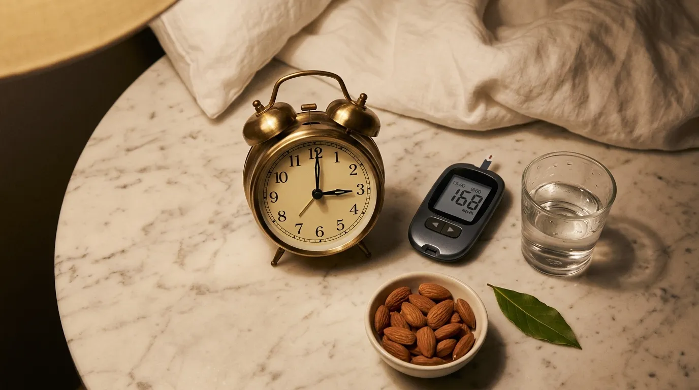 Alarm clock showing 3 AM beside glucose meter water glass and almonds on white marble — why blood sugar spikes at night dawn phenomenon causes and solutions 2026