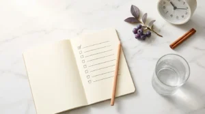 Symptom checklist notebook, water glass, clock and blueberries on white marble — 12 early warning signs of diabetes guide 2026