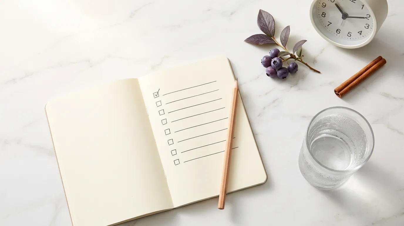 Symptom checklist notebook, water glass, clock and blueberries on white marble — 12 early warning signs of diabetes guide 2026
