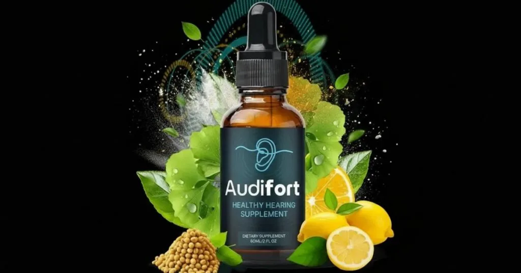 Audifort liquid supplement bottle displayed with packaging, designed to support hearing health and auditory function naturally
