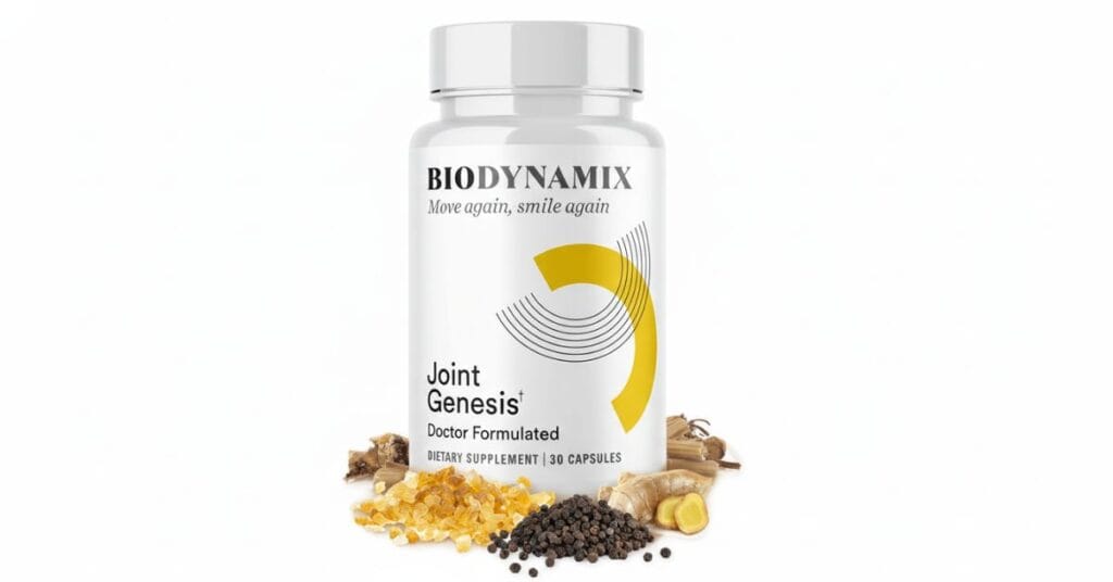 Joint Genesis supplement bottle for joint support, featuring natural ingredients formula for mobility, flexibility, and joint comfort, Biodynamix Joint Genesis capsules product packaging image
