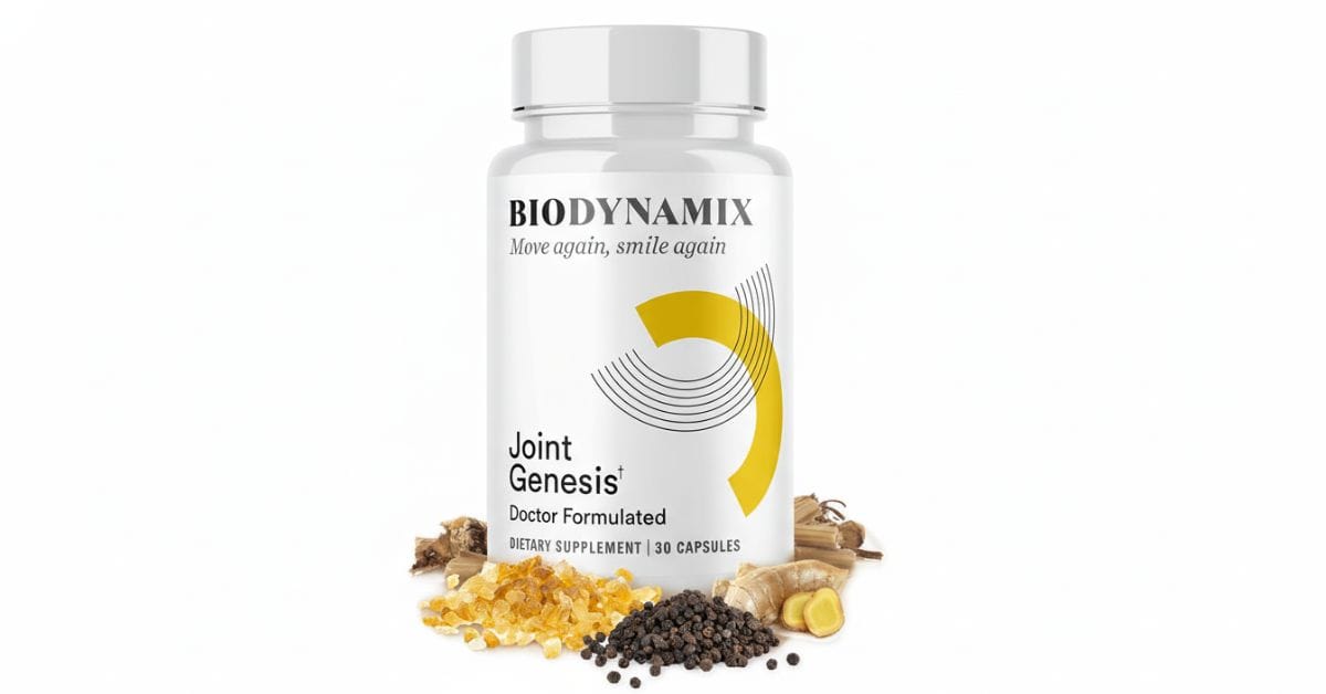 Joint Genesis supplement bottle for joint support, featuring natural ingredients formula for mobility, flexibility, and joint comfort, Biodynamix Joint Genesis capsules product packaging image