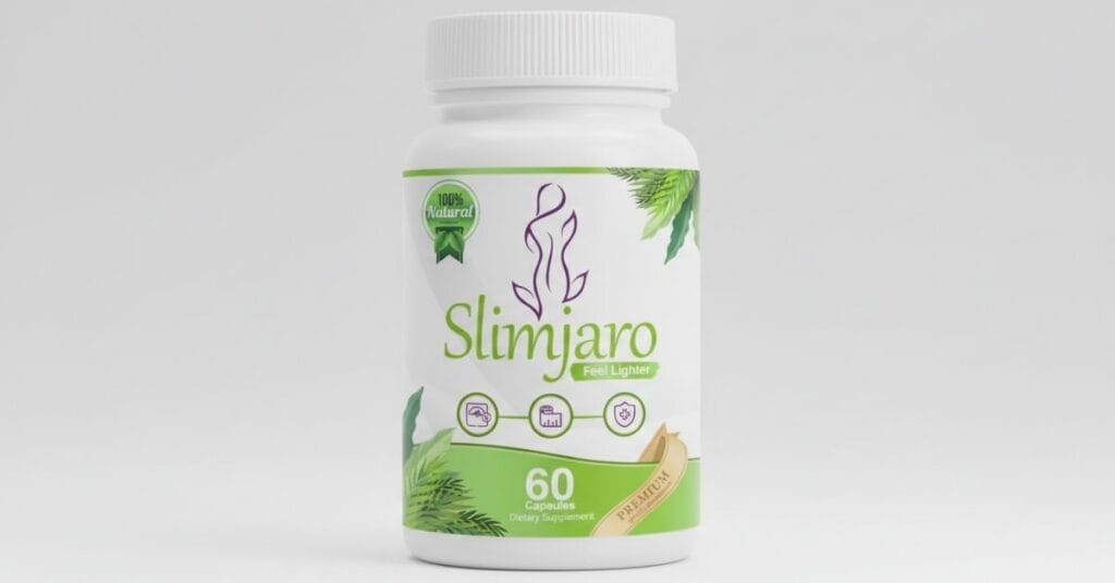 Slimjaro weight management supplement bottle displayed on a clean white background, highlighting its capsule form and natural, stimulant-free formula for metabolism and gut health support.