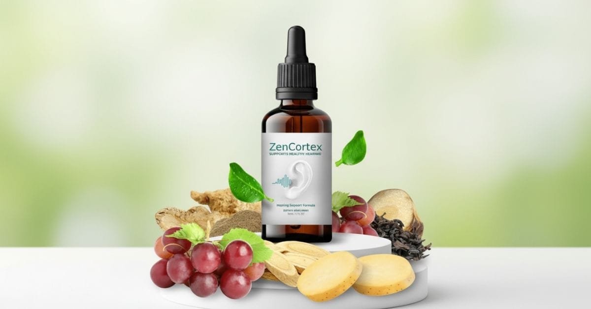 ZenCortex hearing support supplement bottle and liquid drops designed for auditory health and cognitive support