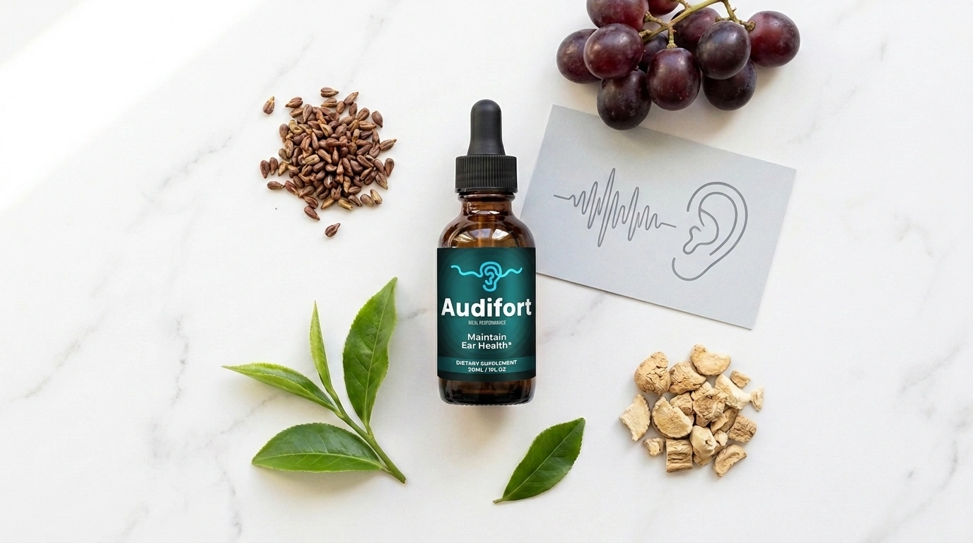 Amber dropper bottle beside grapes green tea and maca root on white marble — Audifort hearing support supplement honest review 2026