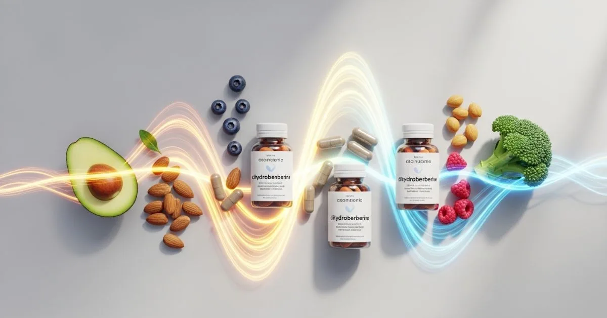 Dihydroberberine supplements capsules and bottles for blood sugar and metabolic support