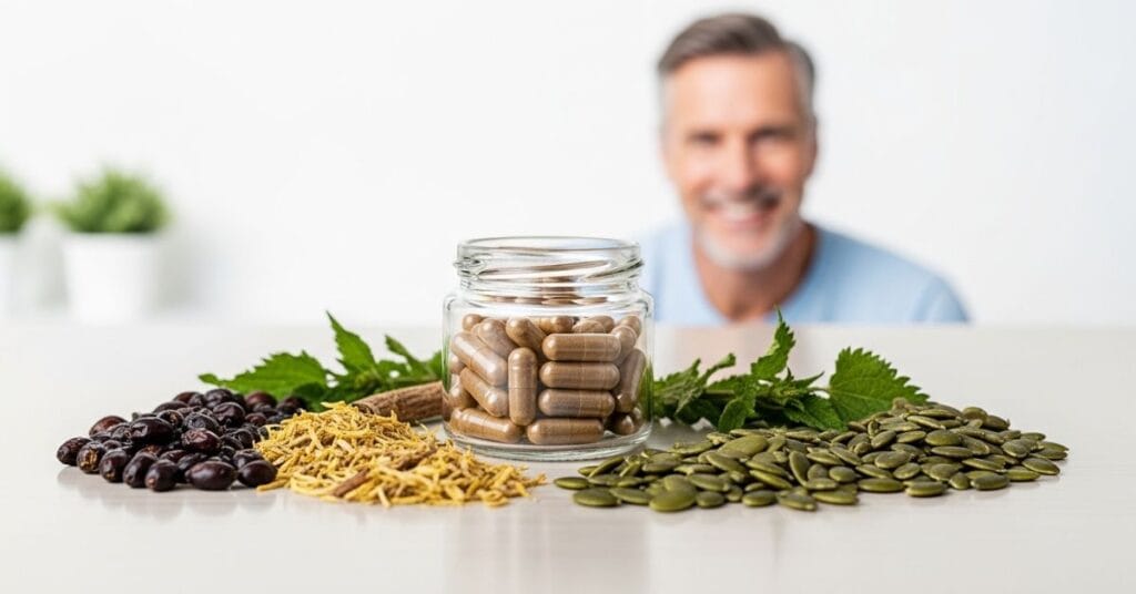 Natural prostate support supplements with herbal ingredients for urinary flow and prostate health, shown in a home wellness setting