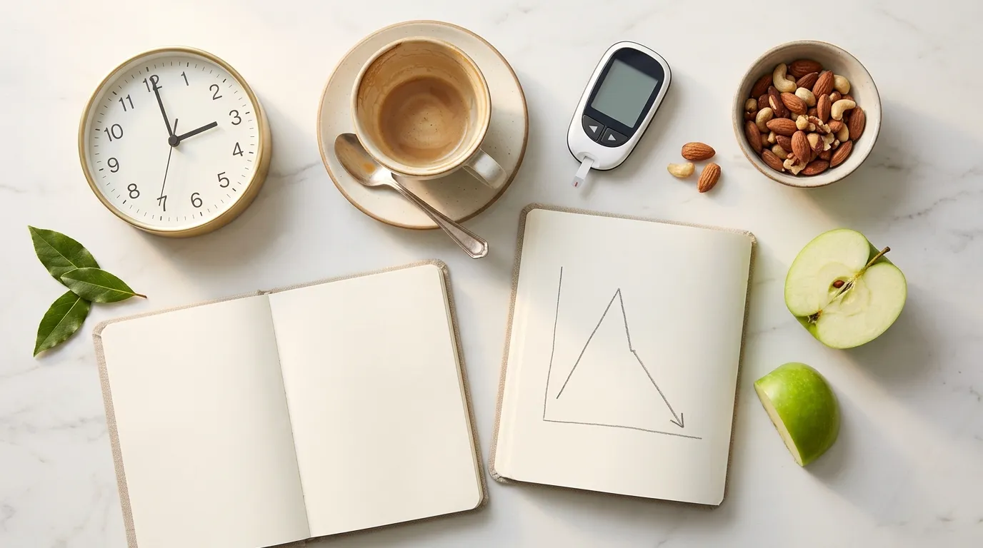 Clock showing 2:30 PM beside coffee cup glucose meter almonds and energy notebook on white marble — why blood sugar imbalances cause fatigue and afternoon energy crashes 2026