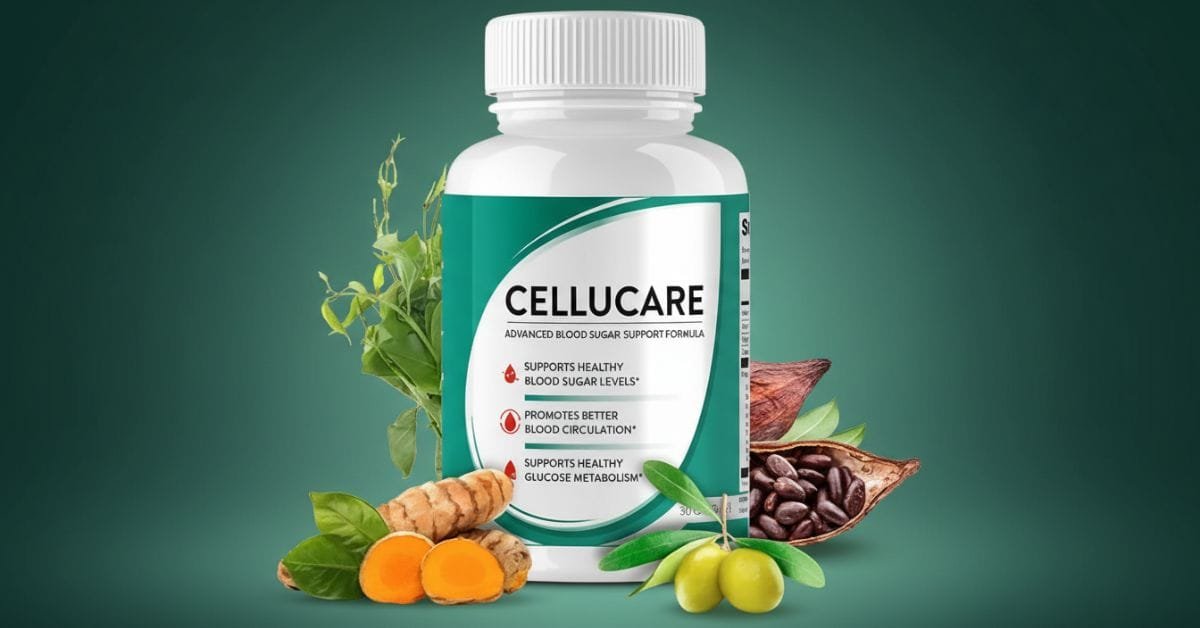 CelluCare supplement bottle with capsules, natural blood sugar support formula for energy and metabolism, labeled container on clean background, health supplement product image