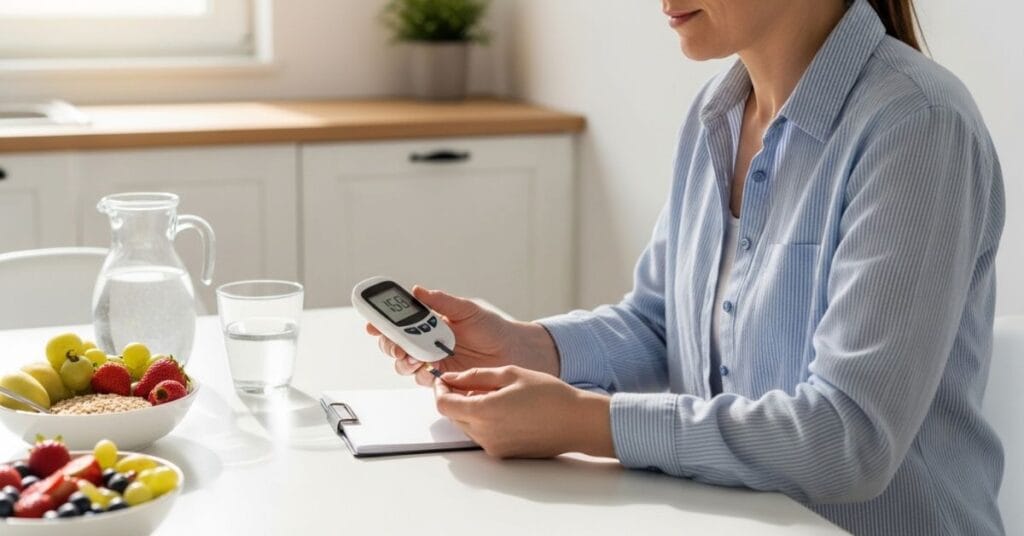 Adult testing blood glucose with digital glucometer at home illustrating early symptoms and warning signs of diabetes