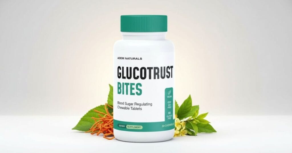 GlucoTrust Bites chewable blood sugar support supplement bottle with natural ingredients for metabolic health