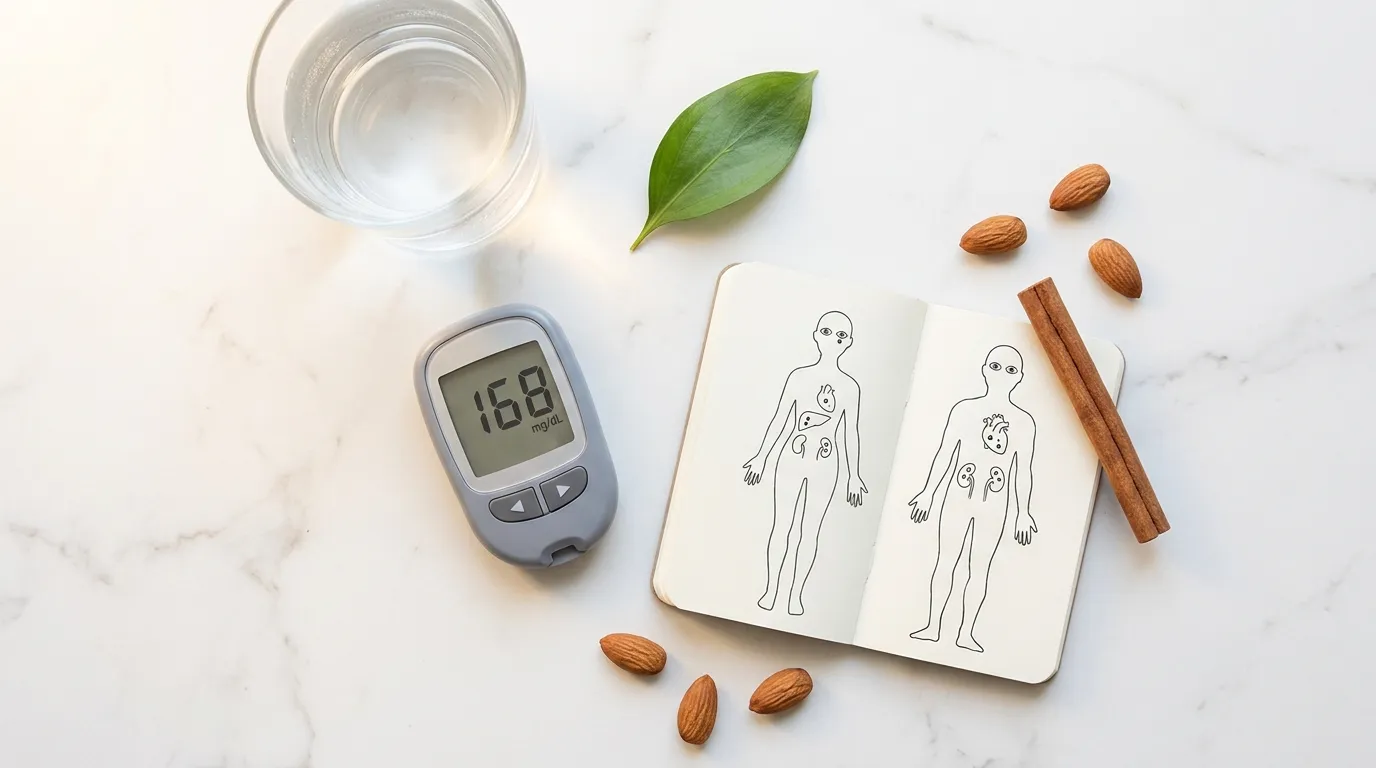 Glucose meter, water glass, body diagram notebook and almonds on white marble — high blood sugar symptoms early warning signs guide 2026