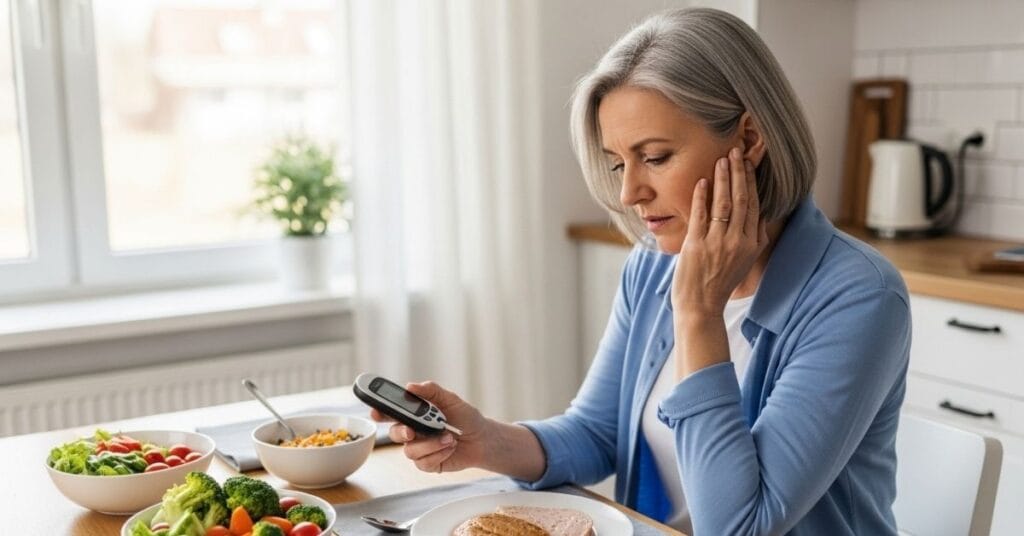 High blood sugar symptoms concept showing person checking glucose levels at home with healthy food nearby.