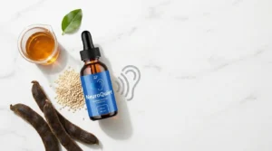 Amber dropper bottle beside velvet bean pods and lecithin granules on white marble — NeuroQuiet tinnitus and focus supplement honest review 2026
