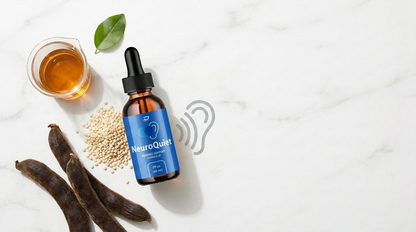 Amber dropper bottle beside velvet bean pods and lecithin granules on white marble — NeuroQuiet tinnitus and focus supplement honest review 2026