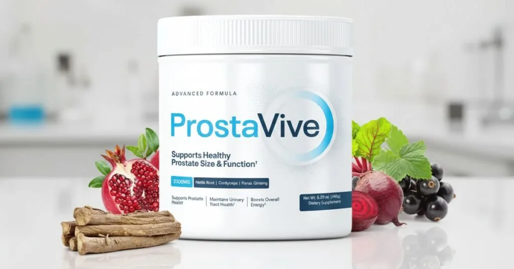 ProstaVive supplement for prostate health shown as powder formula with herbal ingredients designed to support urinary flow and male wellness