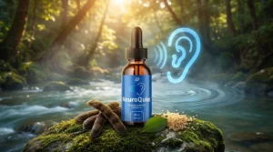 Amber dropper bottle beside velvet bean pods and lecithin granules on white marble — Whispeara hearing tinnitus supplement honest review 2026
