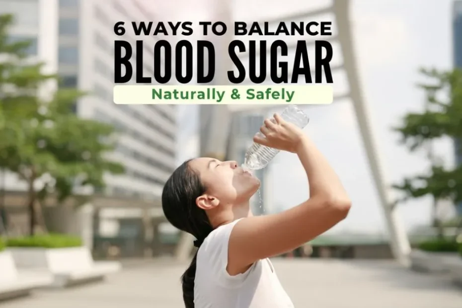 Woman drinking water with overlay text “6 ways to balance blood sugar naturally”, representing healthy habits, hydration, glucose control, and natural methods to support blood sugar levels.