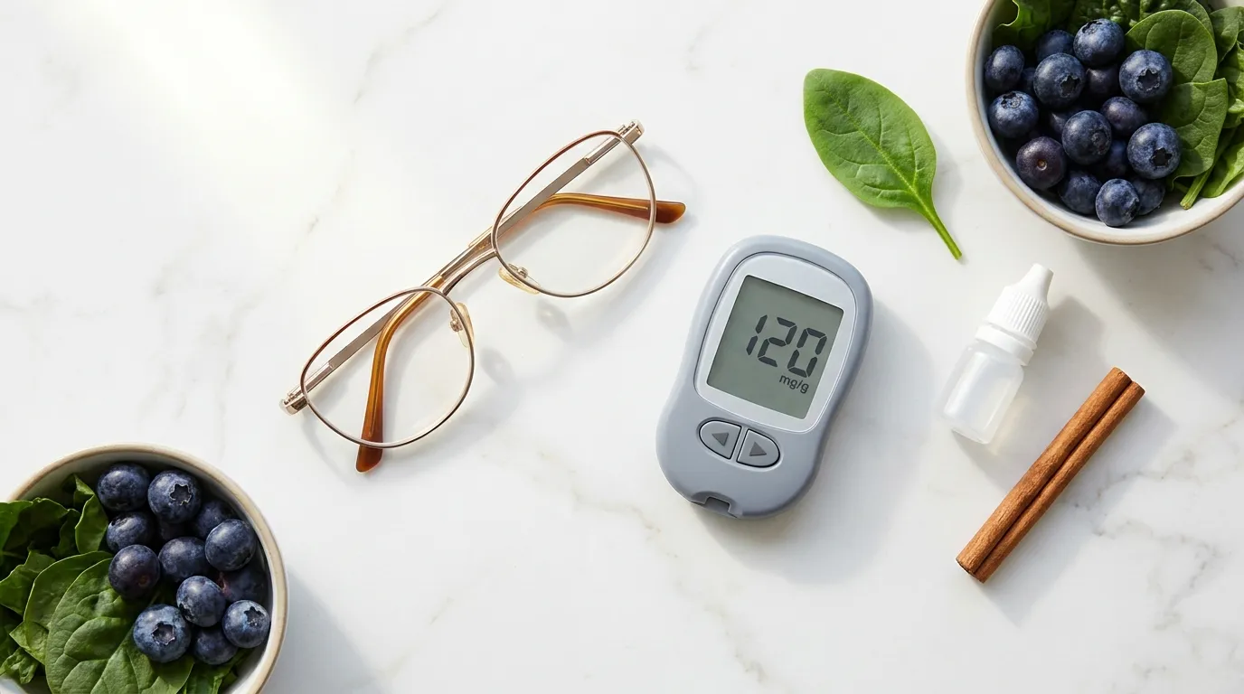 Reading glasses beside glucose meter blueberries and leafy greens on white marble — can high blood sugar damage your vision diabetic retinopathy warning signs 2026