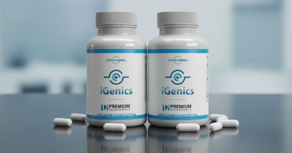 iGenics dietary supplement bottle for eye health, featuring lutein, zeaxanthin, bilberry, saffron, and vitamins to support visual comfort and reduce eye strain