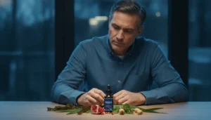 Man sitting on bed at night with prostate health concern and natural supplement ingredients like seaweed and dropper bottle representing Prostadine formula