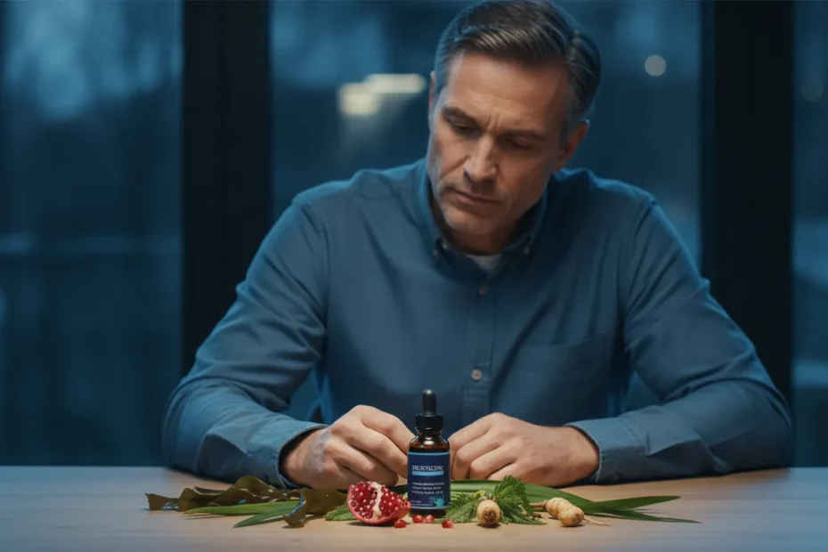 Man sitting on bed at night with prostate health concern and natural supplement ingredients like seaweed and dropper bottle representing Prostadine formula