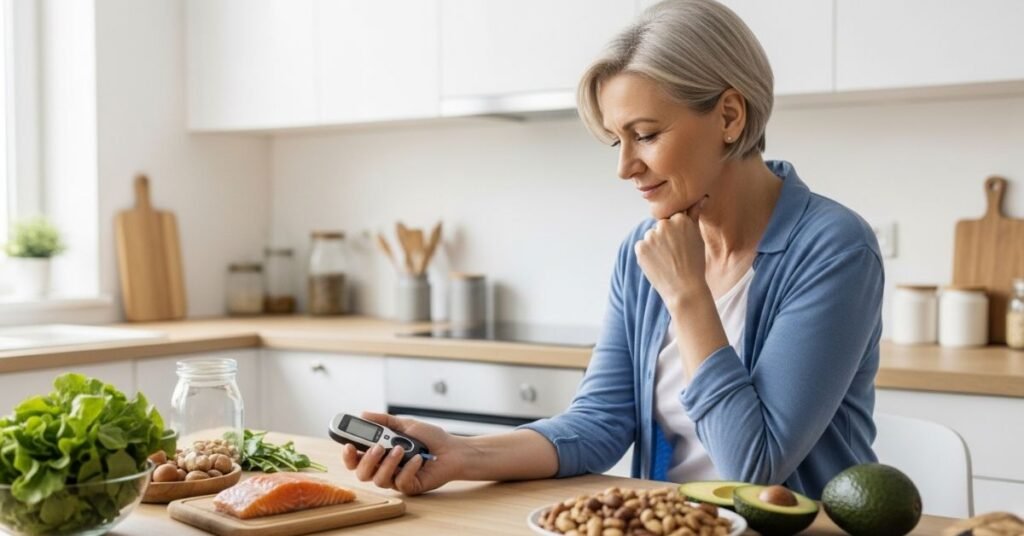 Person checking blood sugar levels with glucose meter in a healthy kitchen, representing type 2 diabetes remission and natural blood sugar control