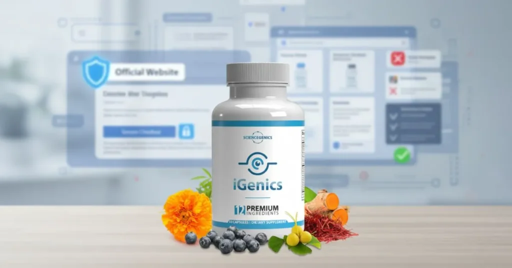 Editorial blog cover showing iGenics eye health supplement bottle on a clean desk with online shopping and safety icons representing where to buy safely in 2026 guide