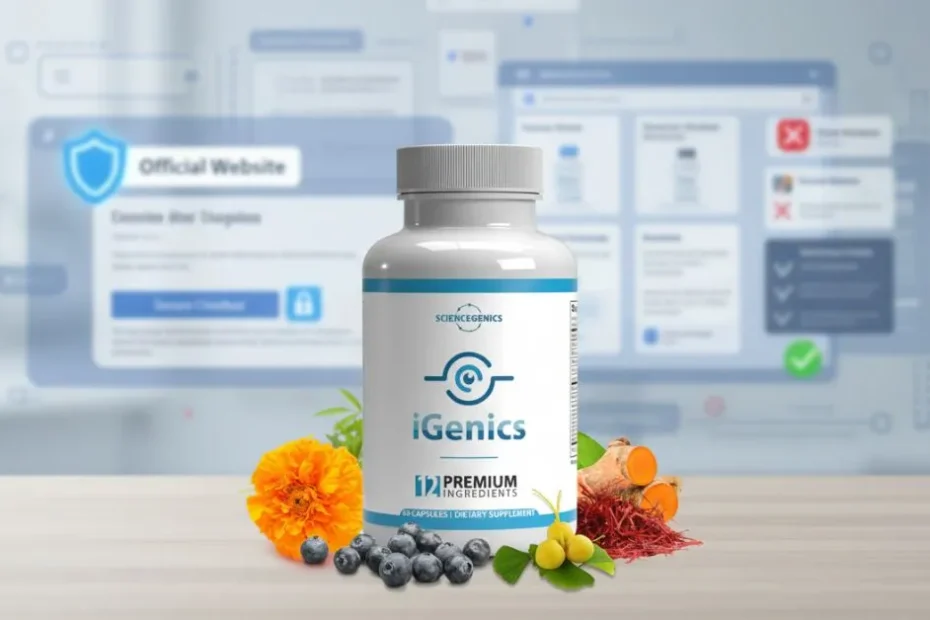 Editorial blog cover showing iGenics eye health supplement bottle on a clean desk with online shopping and safety icons representing where to buy safely in 2026 guide