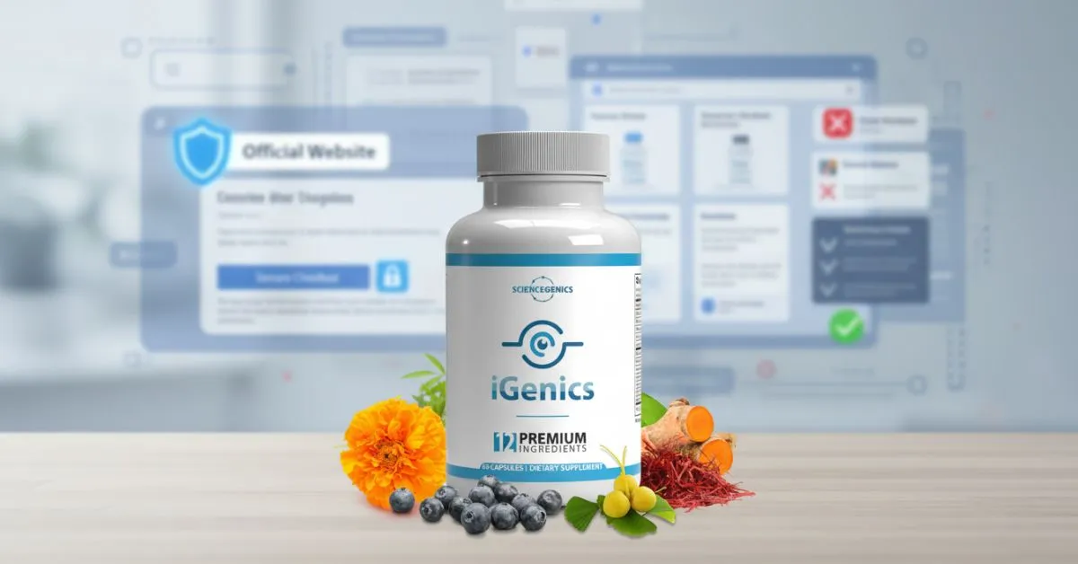 Editorial blog cover showing iGenics eye health supplement bottle on a clean desk with online shopping and safety icons representing where to buy safely in 2026 guide