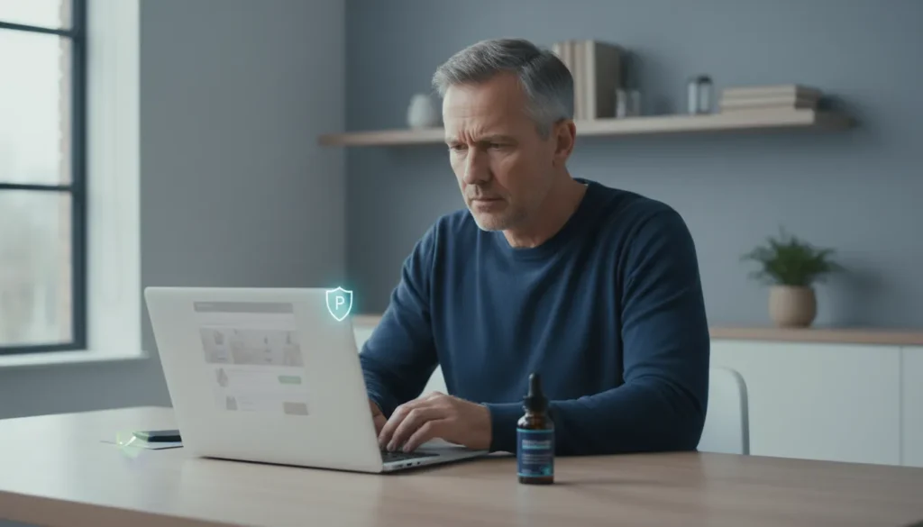 Man researching where to buy prostate supplement online safely using laptop with dropper bottle and security elements representing Prostadine purchase guide
