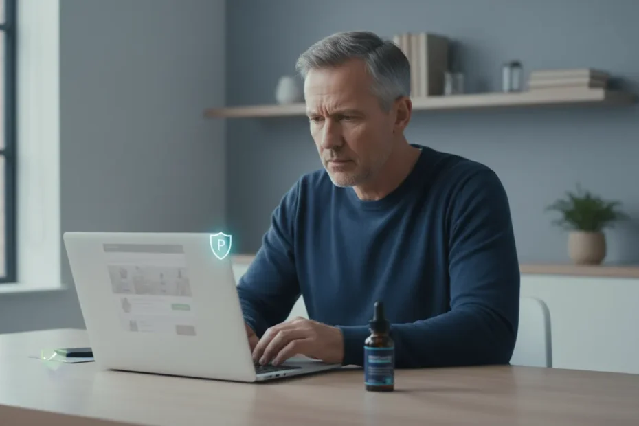 Man researching where to buy prostate supplement online safely using laptop with dropper bottle and security elements representing Prostadine purchase guide