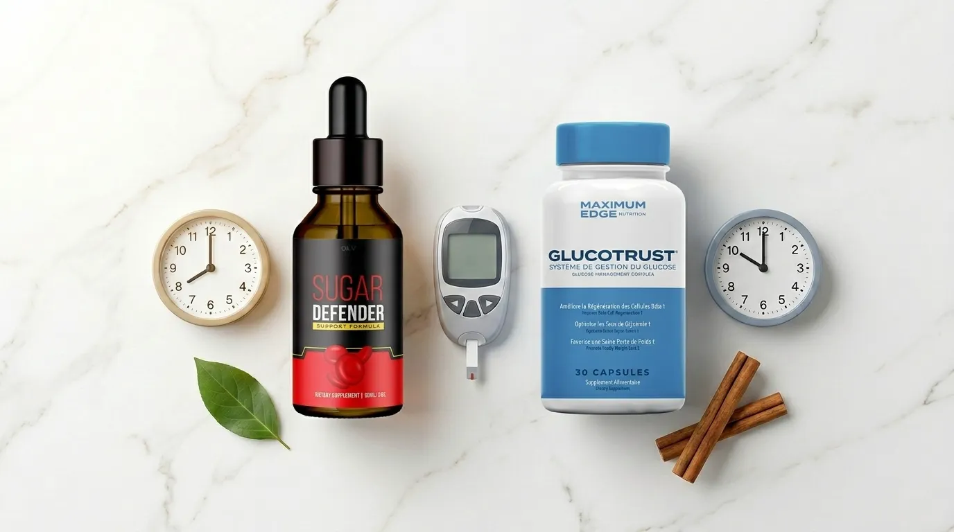 Two supplement bottles representing Sugar Defender and GlucoTrust side by side with morning and bedtime clocks and glucose meter on white marble — Sugar Defender vs GlucoTrust comparison which blood sugar supplement is right for you 2026