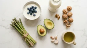 best foods for gut health including yogurt kefir asparagus garlic and blueberries