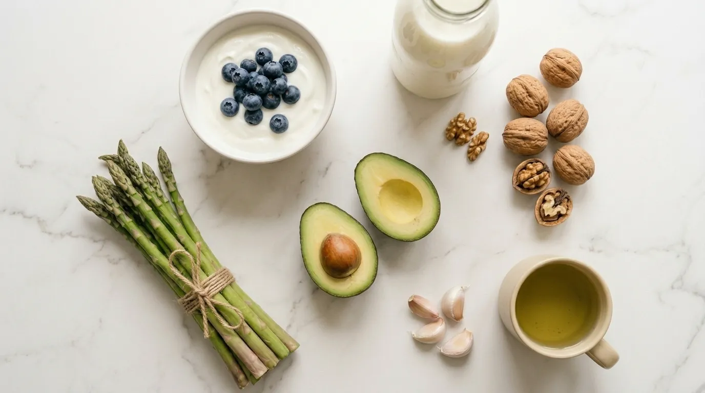 best foods for gut health including yogurt kefir asparagus garlic and blueberries